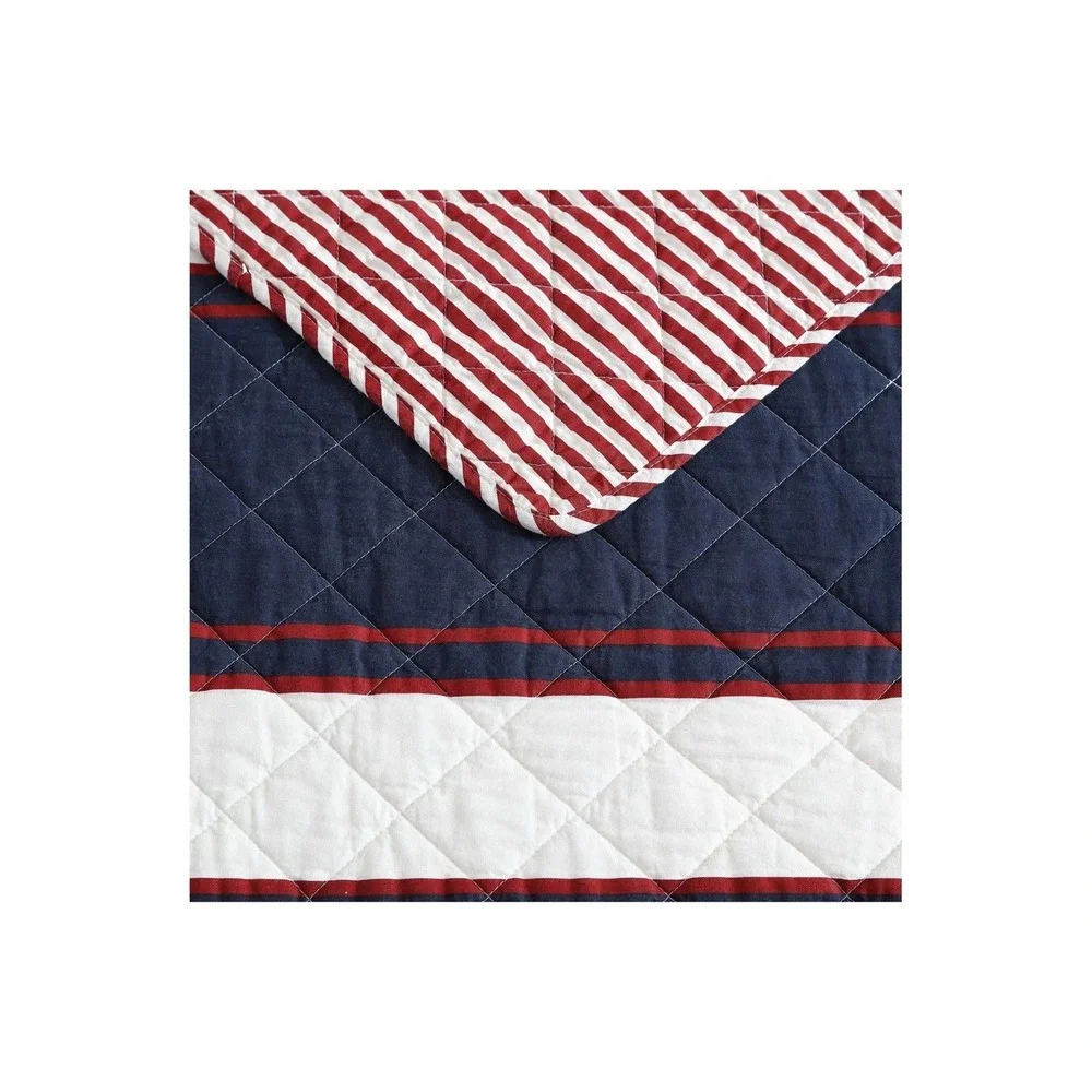 Nautica Twin Quilt Set Marina Stripe Navy Blue White Red Reversible Cotton 2 Pc